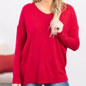 Zenana RED V-NECK FRONT SEAM SWEATER Size Large